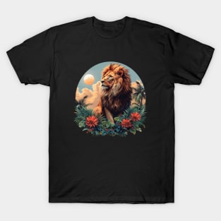 A Proud Lion Relaxes in the Evening Red Flowers In The Jungle The King of the Jungle Lion T-Shirt